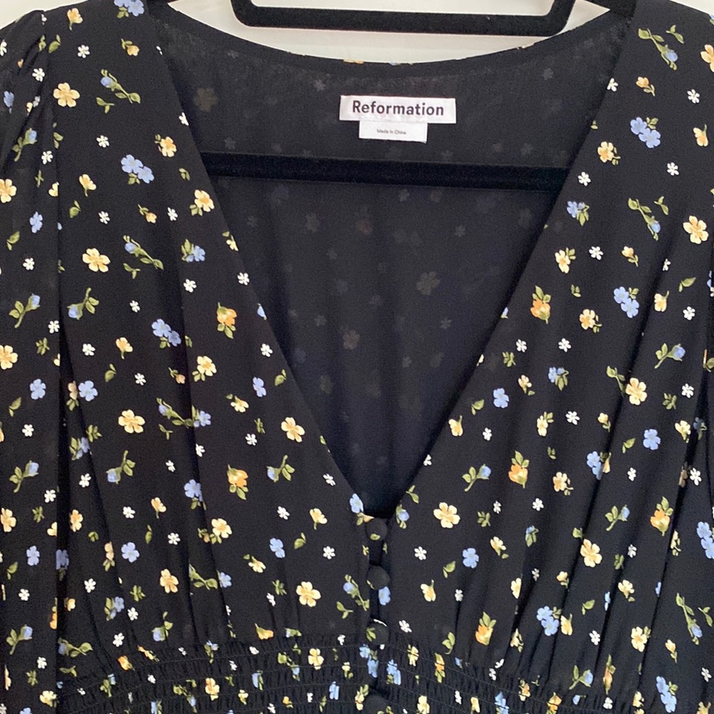 Reformation Black Mini Dress with Yellow and Blue Floral Print